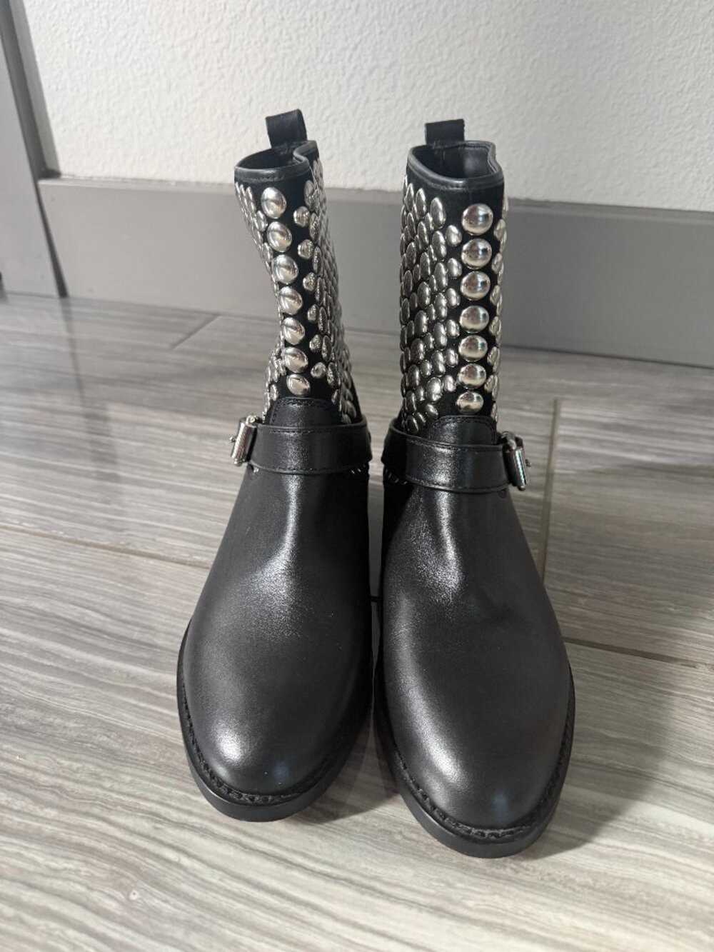 Rebecca Minkoff Saida Black Leather Studded Moto Ankle Boots – Size 7
